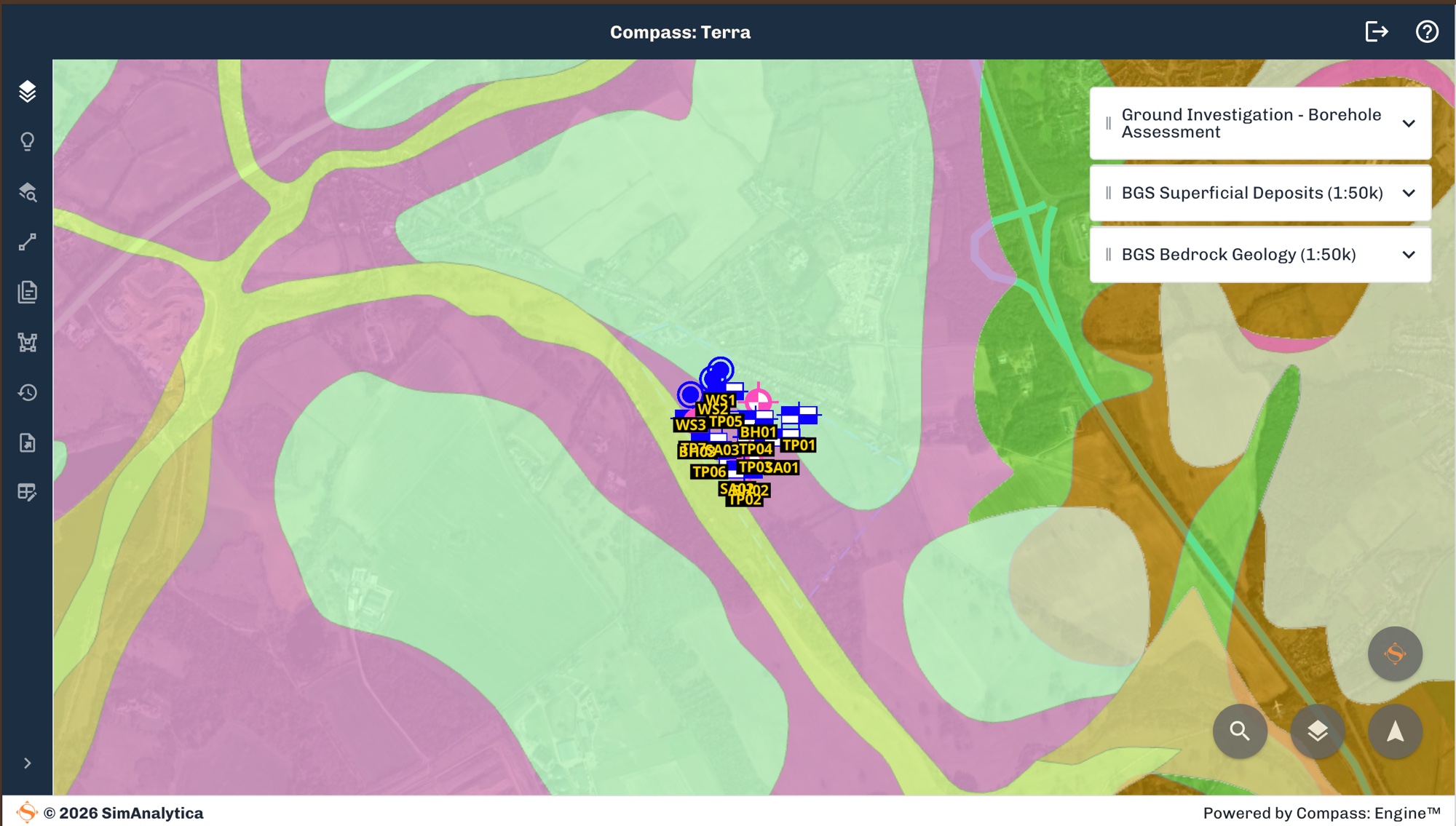 Compass: Terra map view with BGS Superficial Deposits (1:50k) and BGS Bedrock Geology (1:50k) layers switched on, showing trial pit and borehole locations plotted across the site