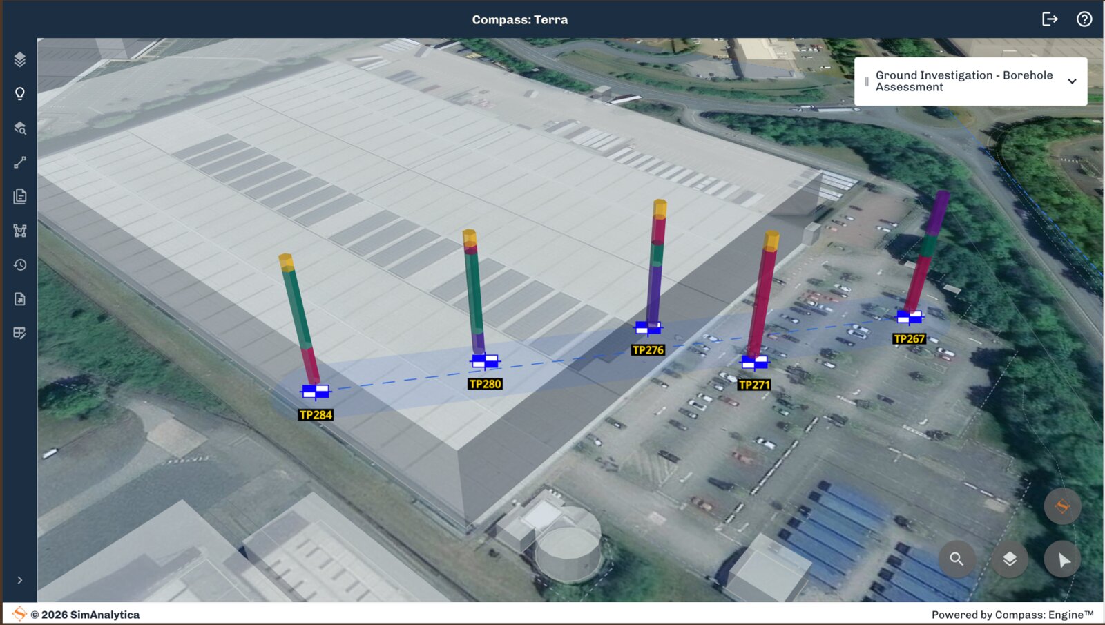 Compass: Terra 3D borehole columns overlaid on a site aerial view