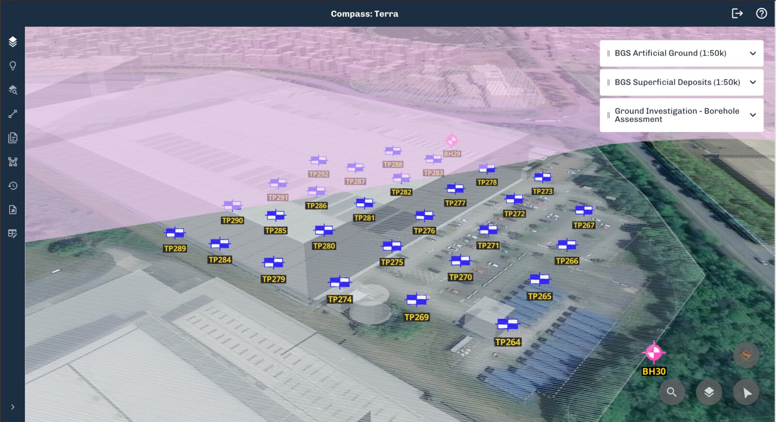 Compass: Terra 3D map view of borehole and trial pit locations with BGS geology layers
